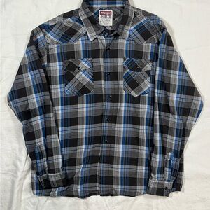 Wrangler Jeans Co Plaid Western Snap Shirt Blue Black Men’s XL